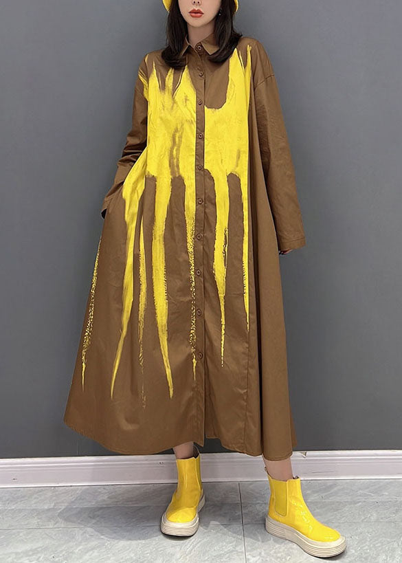 Fashion Yellow Oversized Tie Dye Cotton Holiday Dress Fall