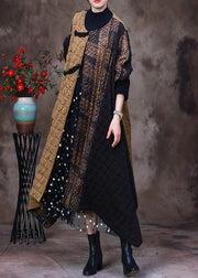 Fashion Yellow Patchwork Black Asymmetrical O-Neck Thick Maxi Coat Long Sleeve