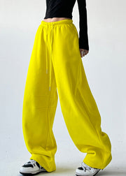 Fashion Yellow Patchwork Elastic Waist Warm Fleece Straight Pants Spring