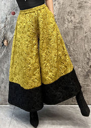 Fashion Yellow Pockets Jacquard Patchwork Silk Wide Leg Pants Spring