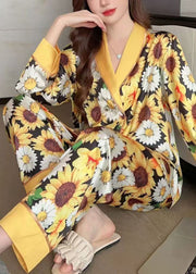 Fashion Yellow Print Shirts And Pants Ice Silk Pajamas Two Piece Set Spring