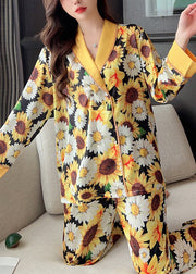 Fashion Yellow Print Shirts And Pants Ice Silk Pajamas Two Piece Set Spring