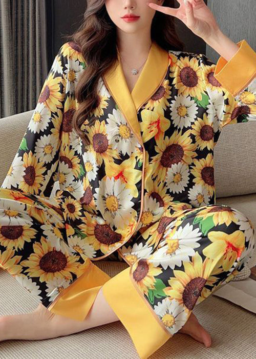 Fashion Yellow Print Shirts And Pants Ice Silk Pajamas Two Piece Set Spring