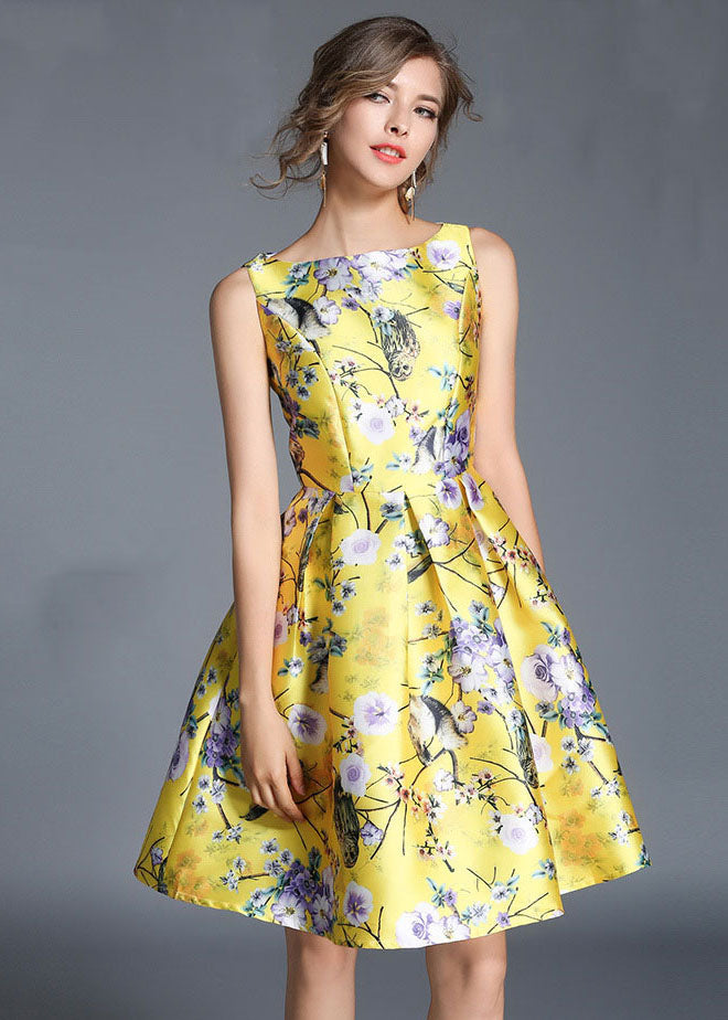 Fashion Yellow Print Wrinkled Patchwork Cotton Mid Dress Sleeveless