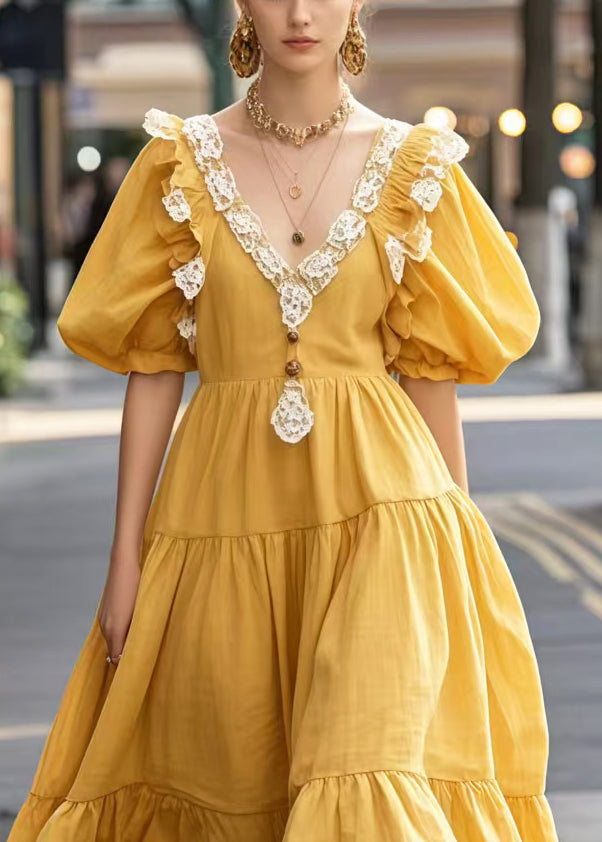 Fashion Yellow Puff Sleeve Patchwork Lace Vacation Dresses