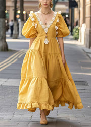 Fashion Yellow Puff Sleeve Patchwork Lace Vacation Dresses