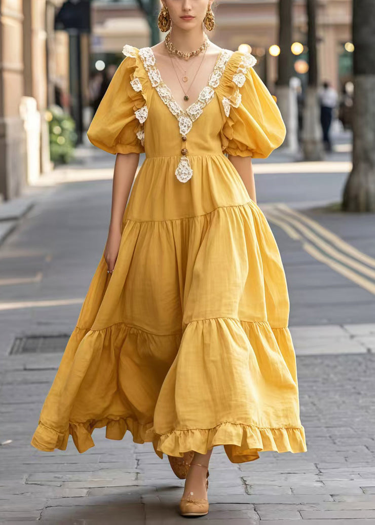 Fashion Yellow Puff Sleeve Patchwork Lace Vacation Dresses