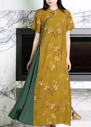 Fashion Yellow Stand Collar Asymmetrical Print Patchwork Button Linen Long Dresses Short Sleeve