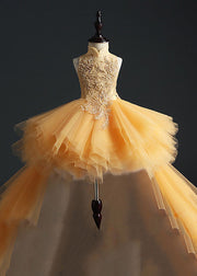 Fashion Yellow Stand Collar Embroideried Tulle Kids Long Dresses Sleeveless