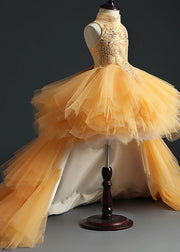 Fashion Yellow Stand Collar Embroideried Tulle Kids Long Dresses Sleeveless