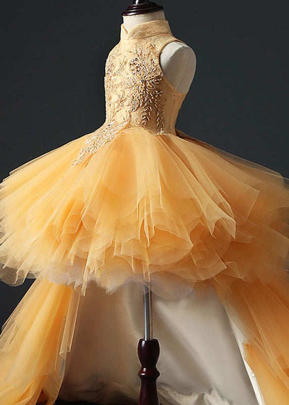 Fashion Yellow Stand Collar Embroideried Tulle Kids Long Dresses Sleeveless