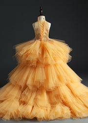 Fashion Yellow Stand Collar Embroideried Tulle Kids Long Dresses Sleeveless