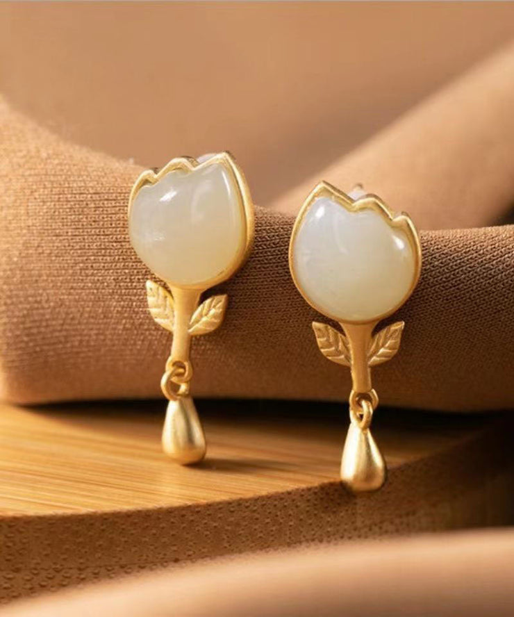 Fashion Yellow Sterlign Silver Inlaid Jade Leaf Drop Earrings