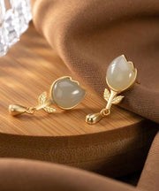 Fashion Yellow Sterlign Silver Inlaid Jade Leaf Drop Earrings