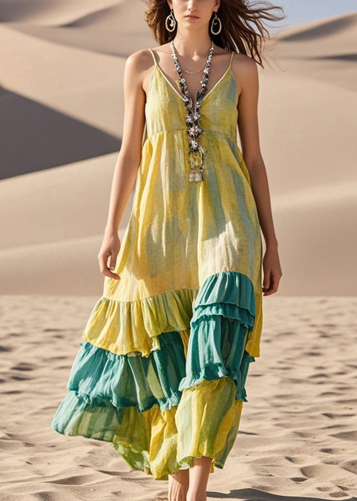 Fashion Yellow Tie Dye Patchwork Cotton Sundress Summer