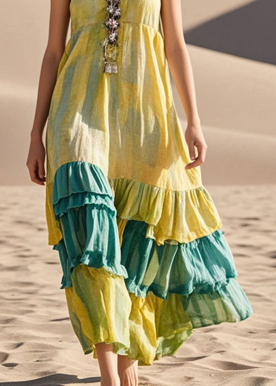 Fashion Yellow Tie Dye Patchwork Cotton Sundress Summer