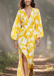 Fashion Yellow V Neck Print Side Open Chiffon Dress Spring