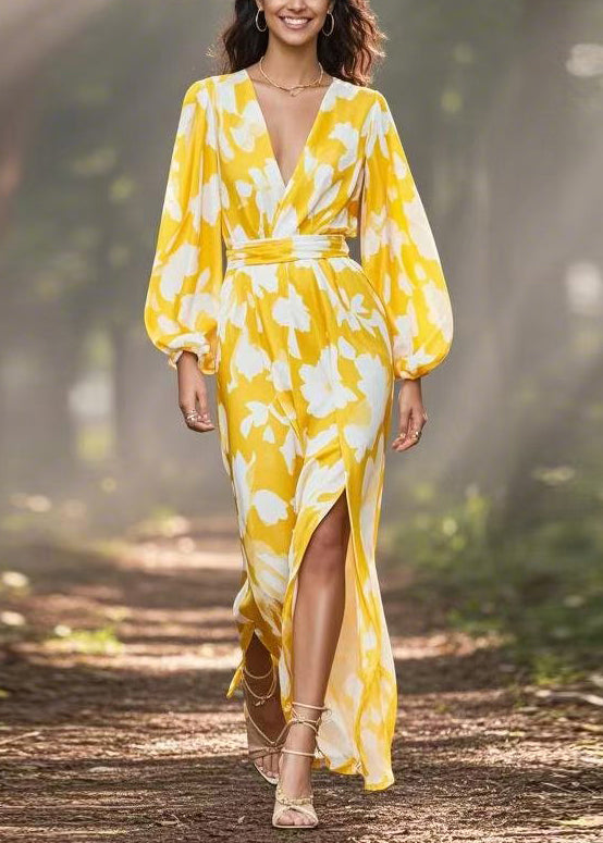 Fashion Yellow V Neck Print Side Open Chiffon Dress Spring