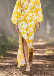 Fashion Yellow V Neck Print Side Open Chiffon Dress Spring