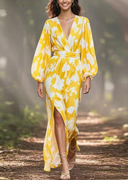 Fashion Yellow V Neck Print Side Open Chiffon Dress Spring