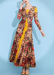 Fashion Yellow Wrinkled Print Patchwork Cotton Long Dress Spring