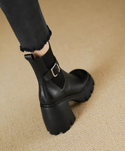 Fashion Zippered Splicing Chunky Heel Boots Black Cowhide Leather