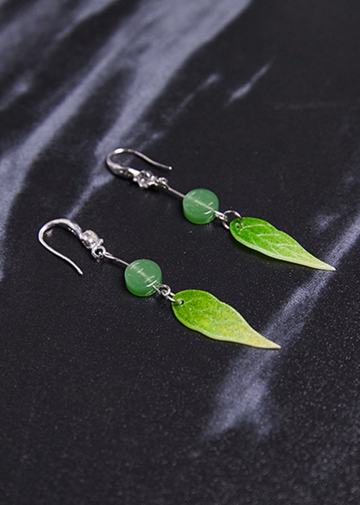 Fashion Zircon Green Leaf Acrylic Drop Earrings
