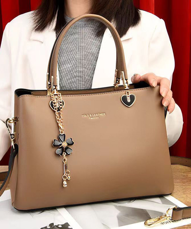 Fashionable And Versatile Apricot Leather Large Capacity Handbag