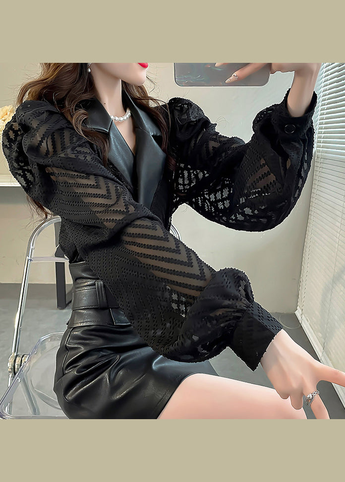 Fashionable Black Patchwork Puff Sleeve Chiffon Shirt Top