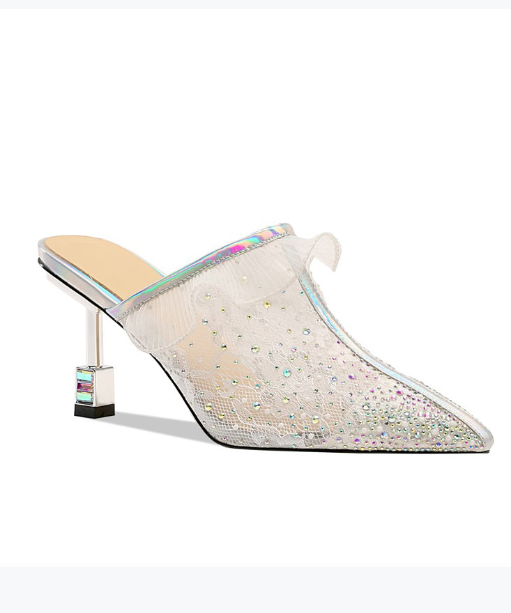 Fashionable New Mesh Rhinestone Splicing High Heel Slide Sandals