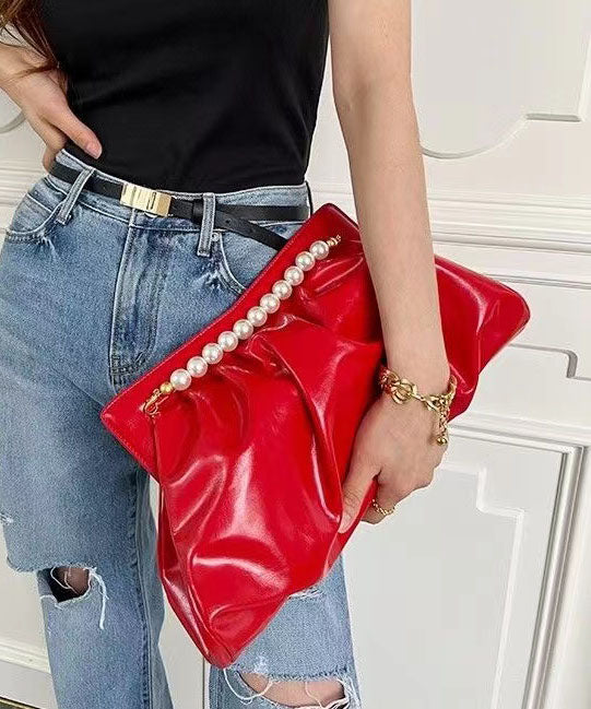 Fashionable Versatile Red Pleated Pearl Handbag