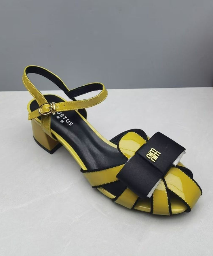 Faux Leather Yellow Splicing Buckle Strap Hollow Out Sandals