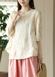 Fine Apricot Embroideried Button Patchwork Linen Top Summer