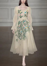 Fine Apricot Square Collar Embroidered Patchwork Tulle Dress Long Sleeve
