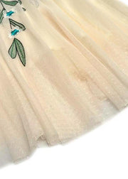 Fine Apricot Square Collar Embroidered Patchwork Tulle Dress Long Sleeve