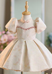 Fine Apricot Stand Collar Zircon Patchwork Girls Long Dresses Short Sleeve