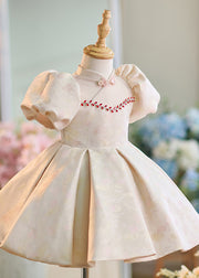 Fine Apricot Stand Collar Zircon Patchwork Girls Long Dresses Short Sleeve