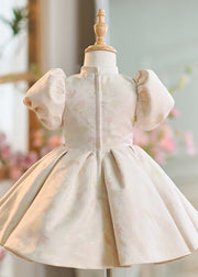 Fine Apricot Stand Collar Zircon Patchwork Girls Long Dresses Short Sleeve