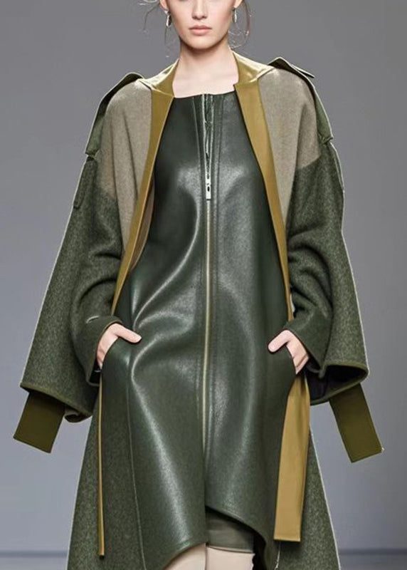 Fine Army Green Asymmetrical Patchwork Faux Leather Fake Two Piece Coat Fall