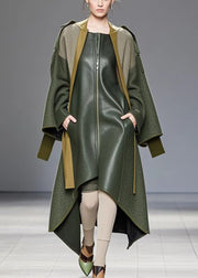 Fine Army Green Asymmetrical Patchwork Faux Leather Fake Two Piece Coat Fall