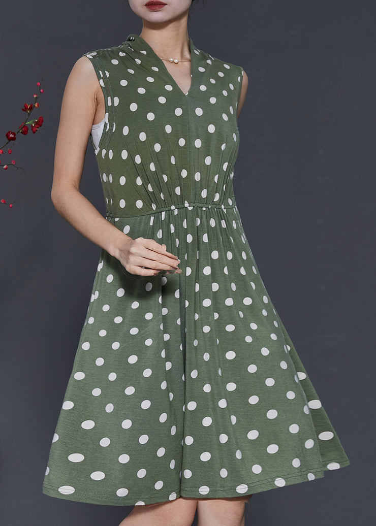 Fine Army Green V Neck Dot Cotton Mini Dress Sleeveless