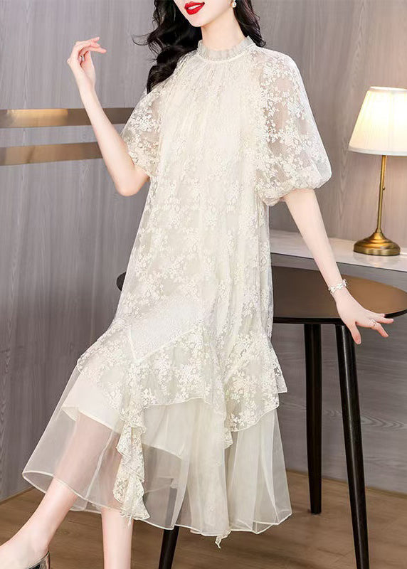 Fine Beige Asymmetrical Pearl Lace Dress Lantern Sleeve