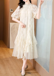 Fine Beige Asymmetrical Pearl Lace Dress Lantern Sleeve