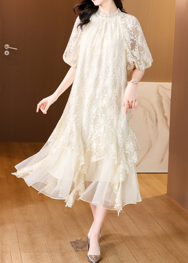 Fine Beige Asymmetrical Pearl Lace Dress Lantern Sleeve