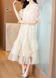 Fine Beige Asymmetrical Pearl Lace Dress Lantern Sleeve