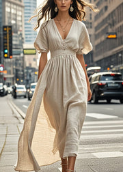 Fine Beige Cinched Cotton Long Dress Summer