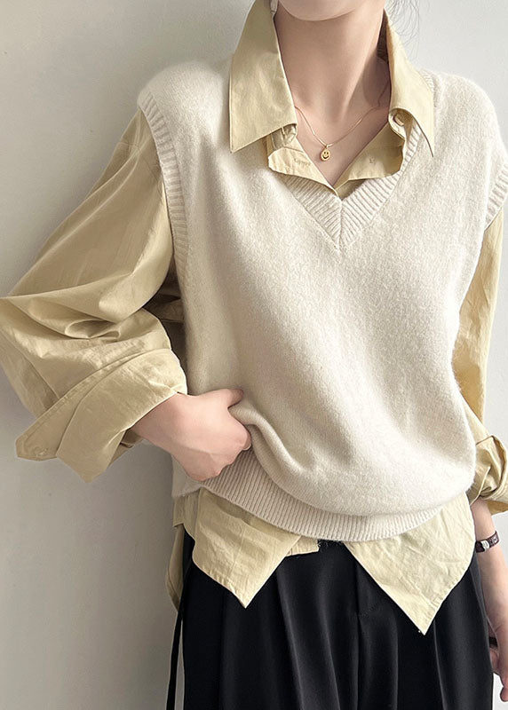 Fine Beige Cozy Cotton Knit Waistcoat Sleeveless