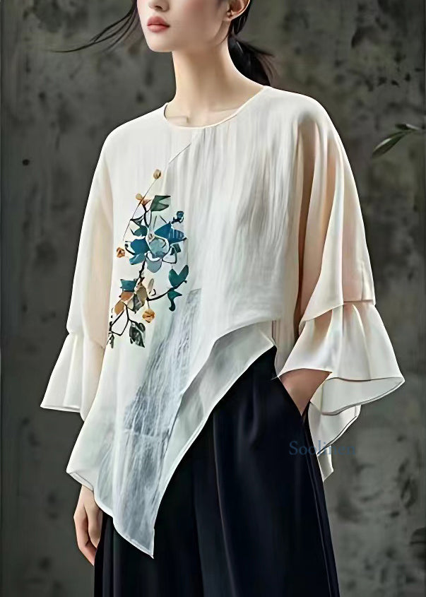 Fine Beige O-Neck Print Asymmetrical T Shirts Half Sleeve