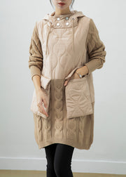 Fine Beige Oversized Patchwork Thick Warm Fleece Sweatshirt Dress Winter