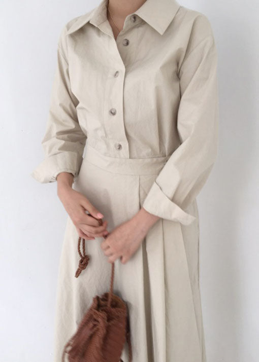 Fine Beige Peter Pan Collar Wrinkled Patchwork Cotton Dress Spring